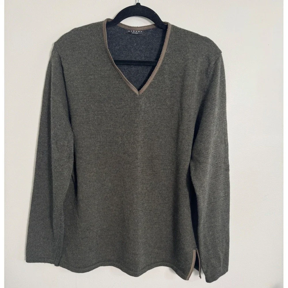Sisley Mens V-Neck Wool Blend Sweater Olive Green Sz L Pullover Made In Italy